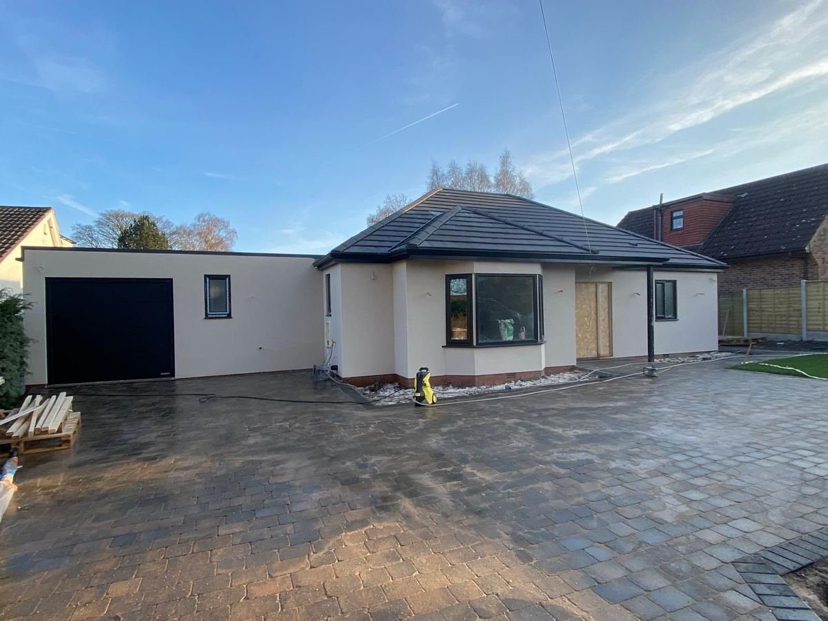 Front of the bungalow in Alwoodley, Leeds after monocouche render